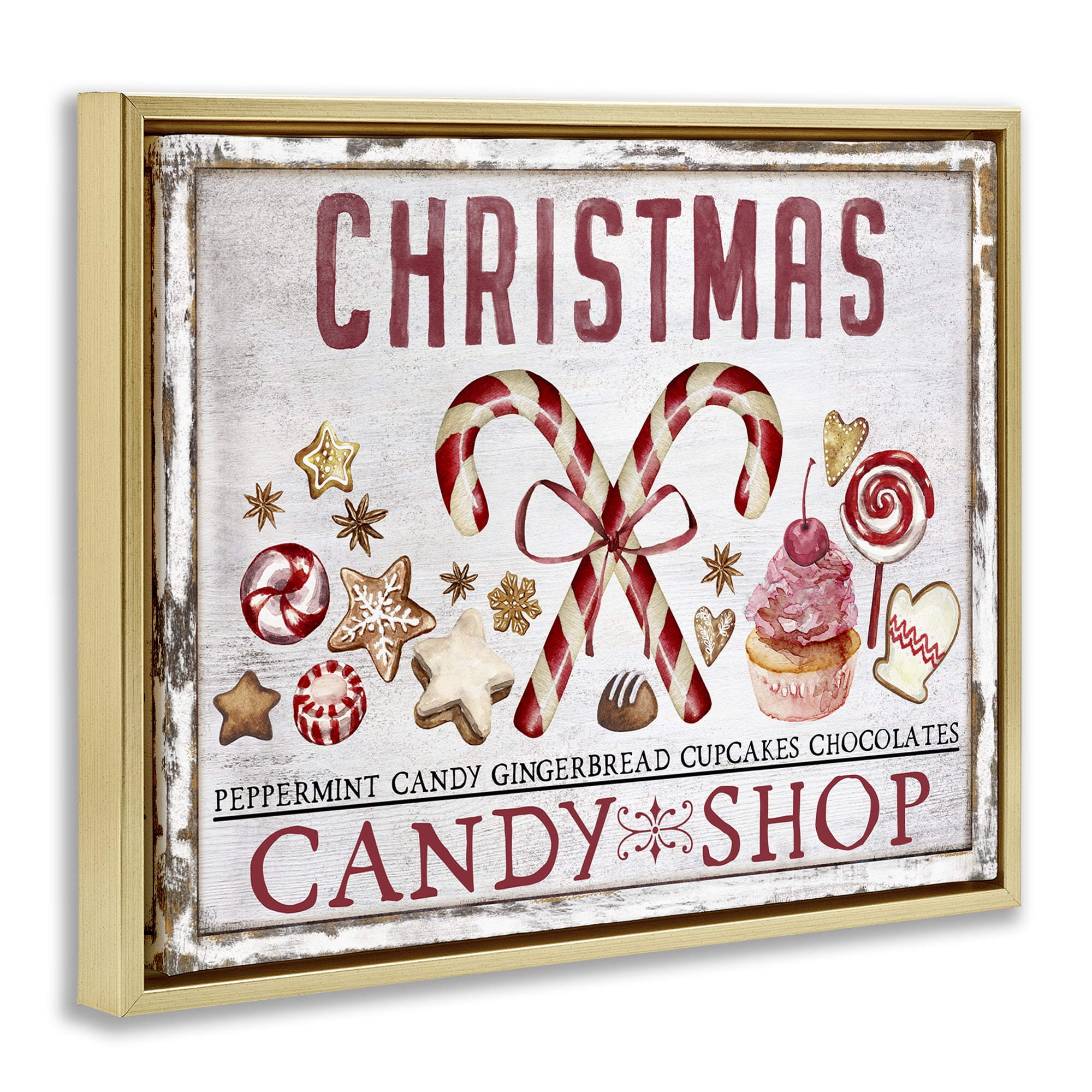 Stupell Industries Candy Shop Christmas Holiday Painting Gold Floater Framed Canvas Art Prints Wall Art, 21 x 17