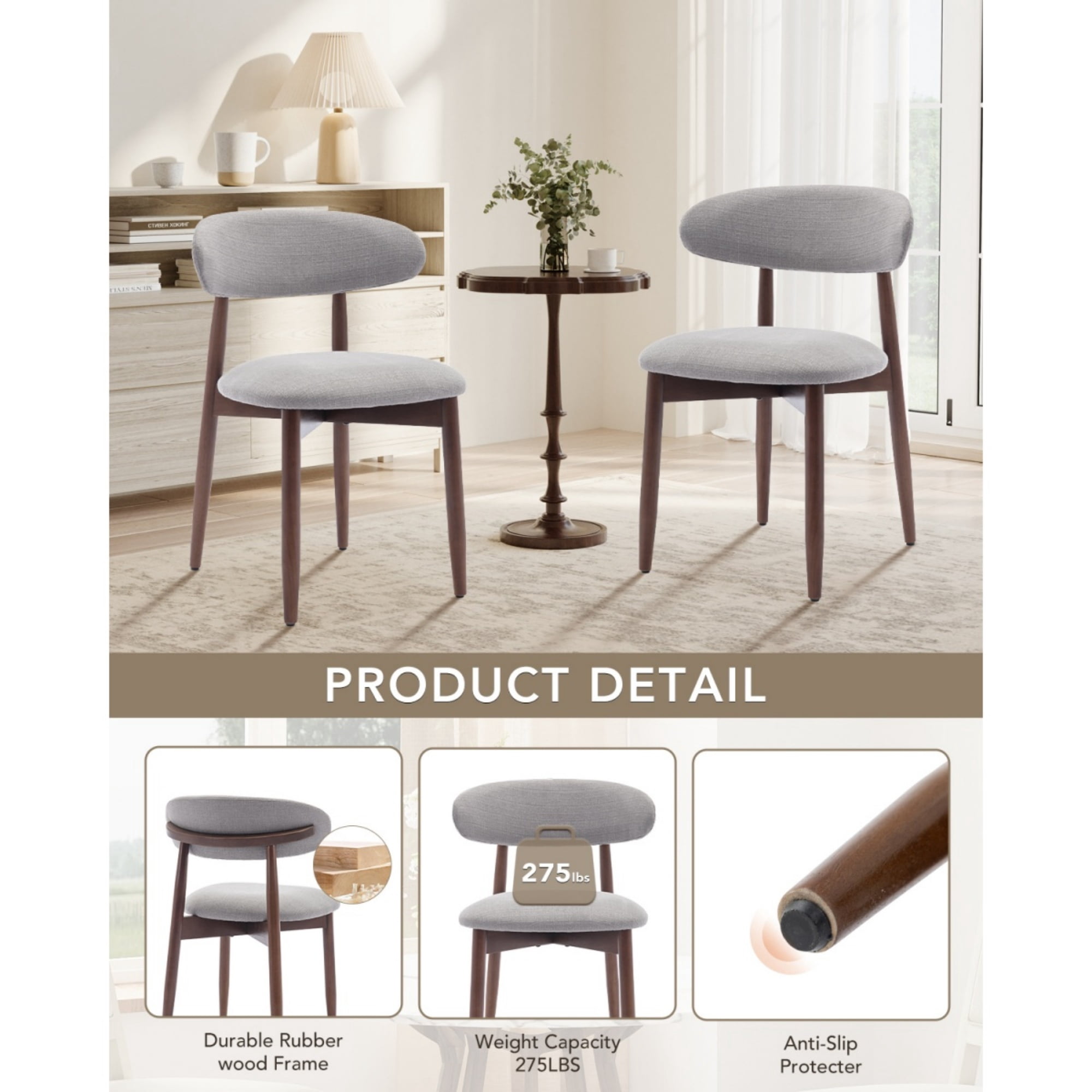 EOP Wooden Dining Chairs Set of 6, Farmhouse Kitchen Side Chairs with Foot Pegs, Mid-Century Modern Fabric Upholstered Dining Room Chairs for Kitchen, Dining Room, Light Gray
