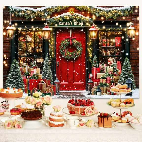 9X6ft Christmas Santa's Toy Shop Photography Backdrop Xmas Tree Gift Box Kids Photography Backdrop Winter Red Wooden Window Banner Party Decor Photo Backdrops Snowflake Photo Booth Props Background