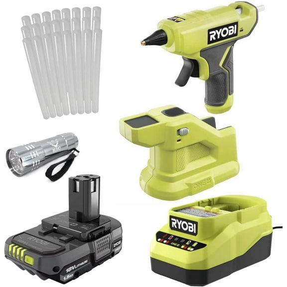 BUHO Cordless Glue Gun Bundle with 18 Volt Ryobi Tool, Battery, Charger, Glue Sticks, and Flashlight