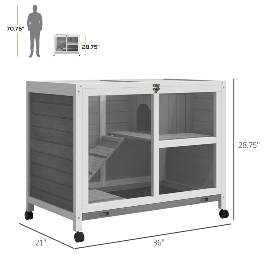 Kepooman 2 Tier Solid Wooden Rabbit Cage with 2 Transparent Rooms for Real Time Observation of Pet Status, Indoor Outdoor Rabbit Cage Guinea Pig Cage Small Animal Pet House, Gray