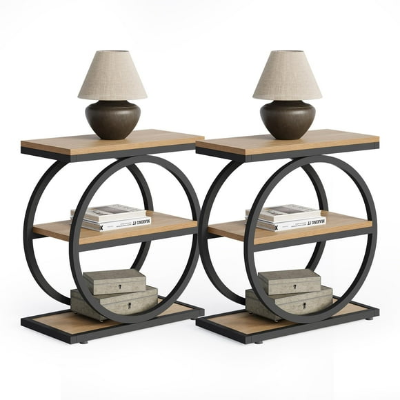 LITTLE TREE End Table Set 2, Side Table with 3-Tier Storage Shelves, Small Sofa Side Table for Living Room, Wooden Side End Table with Double Round Metal Legs, Slim Nightstand and Bedside Table, Oak