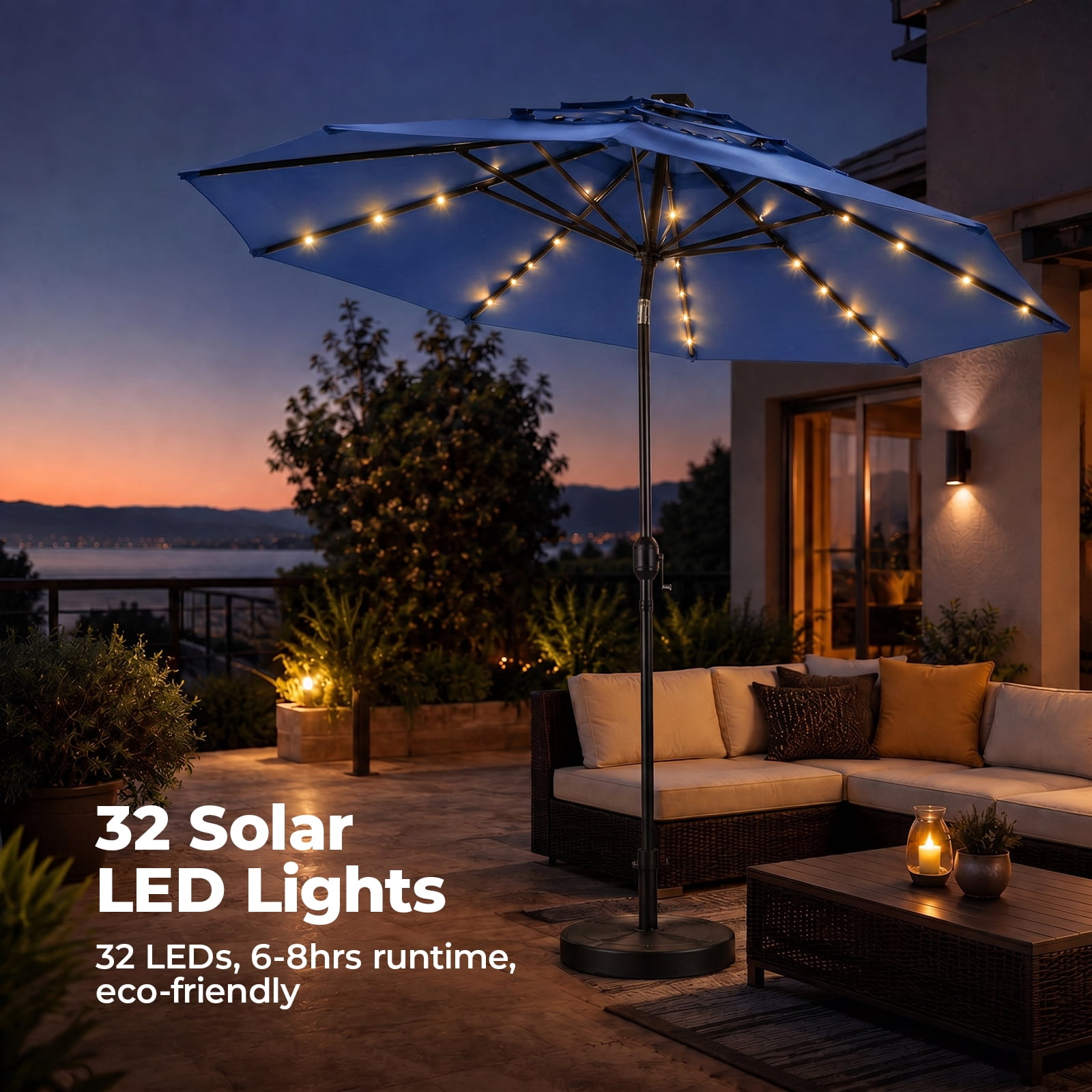 Alvantor 10Ft Solar Patio Umbrella with 32 LED Lights, 3-Tier Vented Outdoor Table Umbrella with Push Button Tilt and Crank, UPF 50+ UV Protection