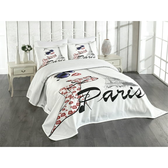 Ambesonne Paris Quilted Bedspread Set 3 Pcs, Image of a Woman Smiling, King Size, Dark Blue White