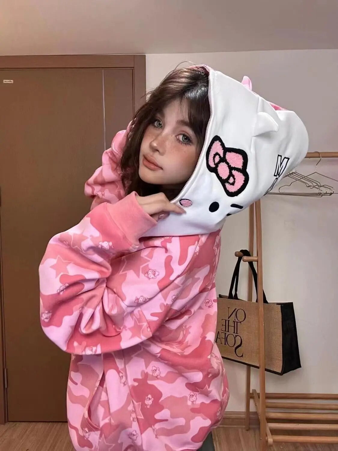 HELLO KITTY 9090girl パーカー Pink camo S Anime Sanrio Hello Kitty Y2K Jacket Zipper Cardigan Hoodie