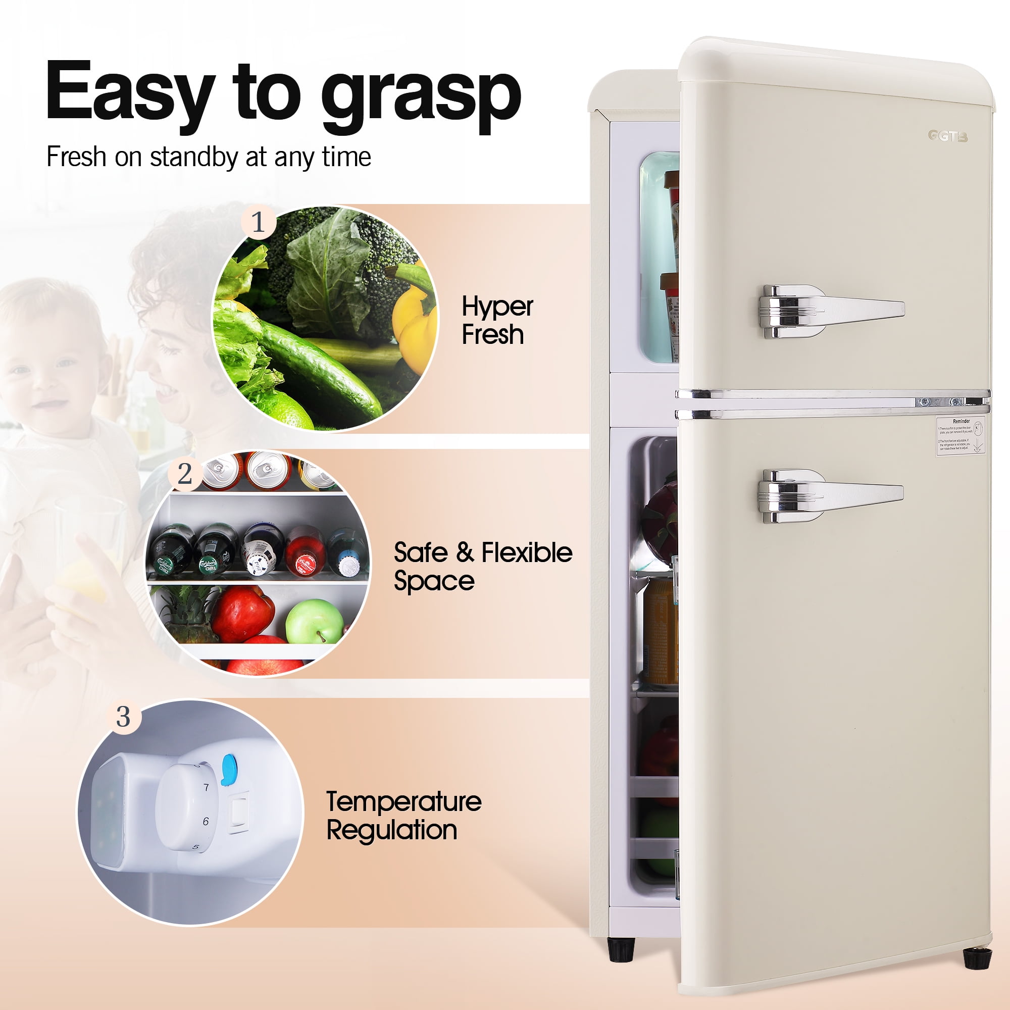 GGTB 3.0 Cu. Ft. Retro Mini Fridge with Freezer, Cream 2-Door Compact Refrigerator for Bedroom, Dorm & Office, Adjustable Temperature, Quiet Operation, Vintage Style Small Fridge
