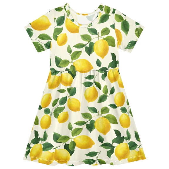 Lemon Simple Design Short Sleeve Dress A-Line Cute Midi Casual Sundress 2-8 Years