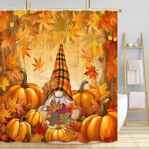 Fall Shower Curtain, Autumn Pumpkins Thanksgiving Bath Curtain, Farmhouse Maple Leaves on Rustic Wooden Board Bathroom Accessories Buffalo Plaid Gnomes for Bathroom Curtain Liner with Hooks, 72x72IN