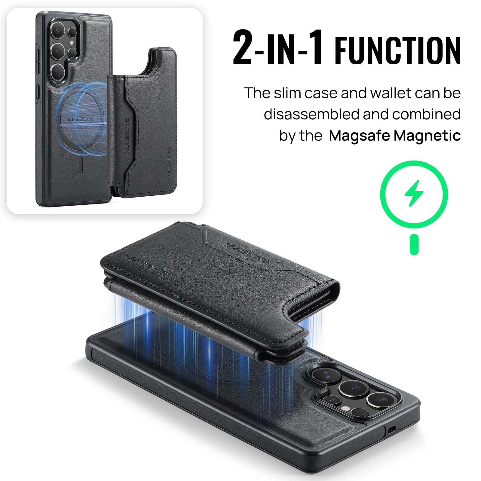 Designed for Samsung Galaxy S23 Ultra Wallet Phone Case,Magnetic Detachable Flip Card Holder,Back Flip Kickstand,Compatible with Mag-Safe,2-in-1 PU Leather Heavy Duty Shockproof Phone Case,Black