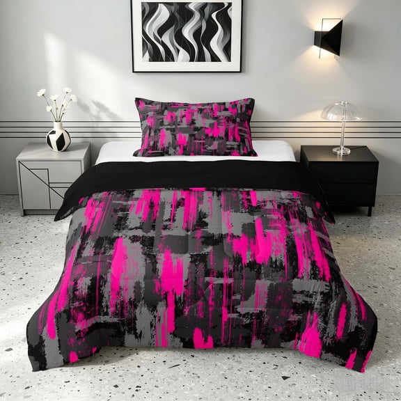 Manfei Abstract Watercolor Brushstroke Twin Comforter Sets, Neon Pink Black Gray Ombre Bedding Set, Black Reversible 2 Pieces, 1 Comforter and 1 Pillowcase