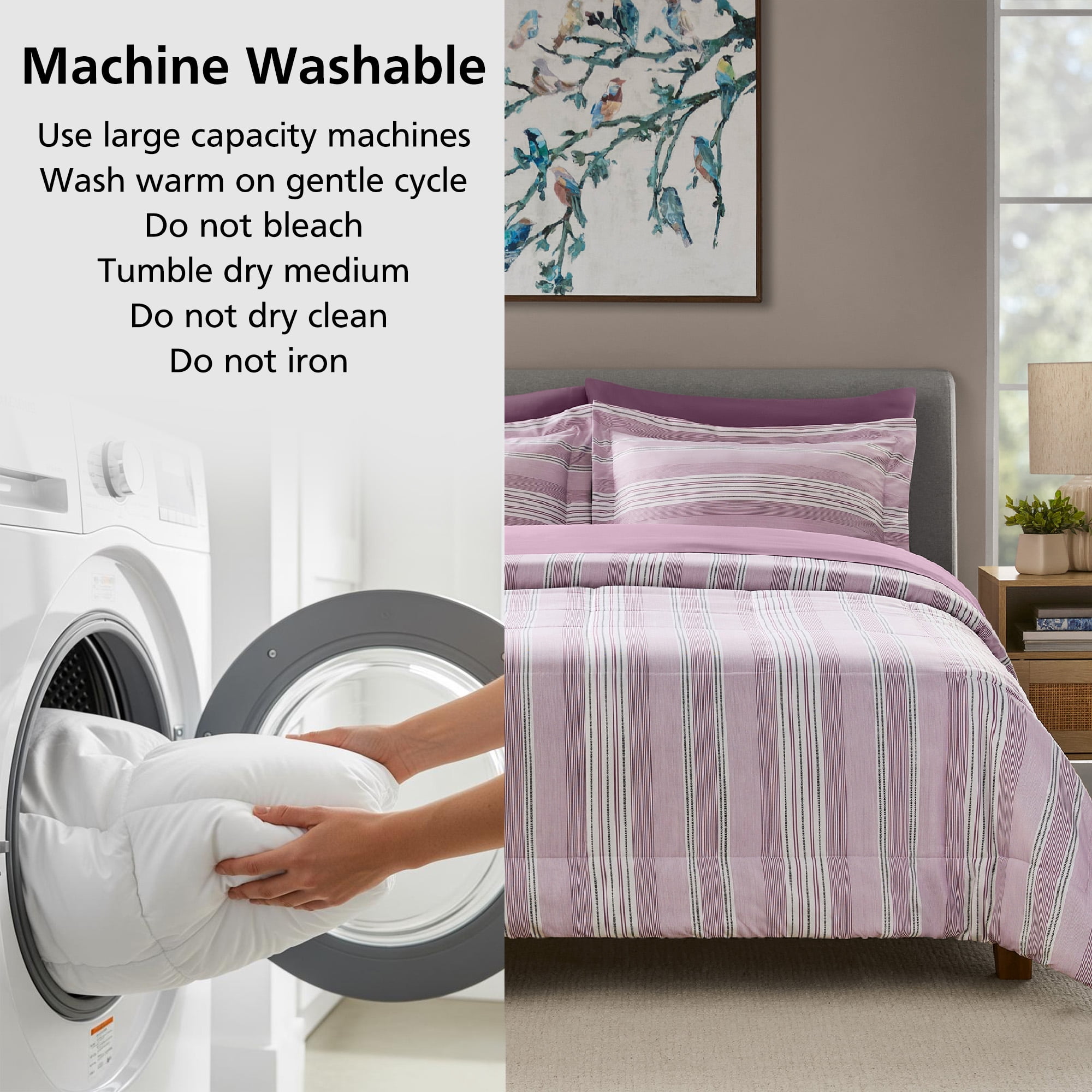 Mainstays 7-Piece Reversible Bed in a Bag Comforter and Sheet Set, Full, Purple and White Stripe