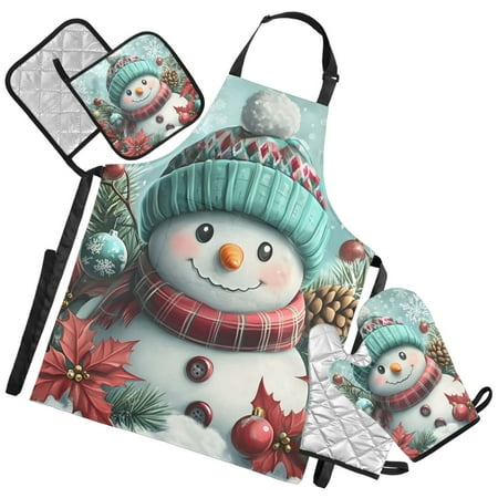 Ryvnso Cute Snowman Kitchen Apron Oven Mitts Set Pot Holders
