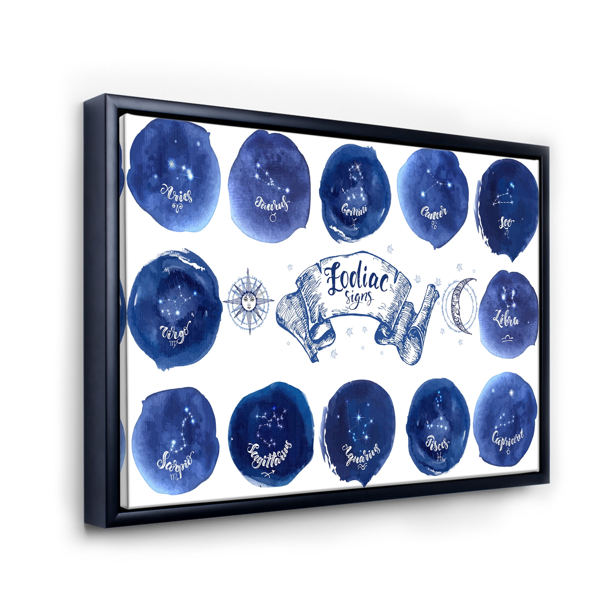 Designart 'Collection of Astrology Signs On Blue Circles' Modern Framed Canvas Wall Art Print
