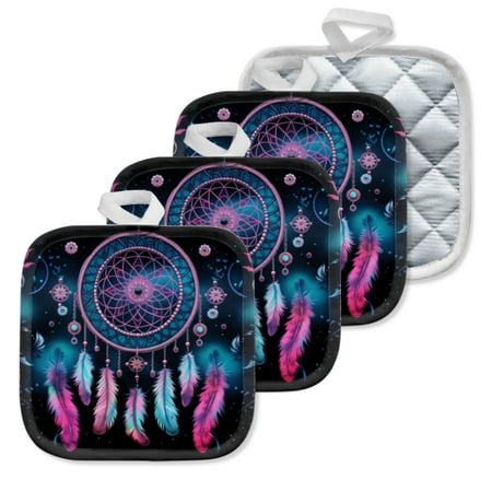 

4 Pack Pot Holders Kitchen Essential Potholder Set Mysterious Dreamcatcher With Colorful Feathers