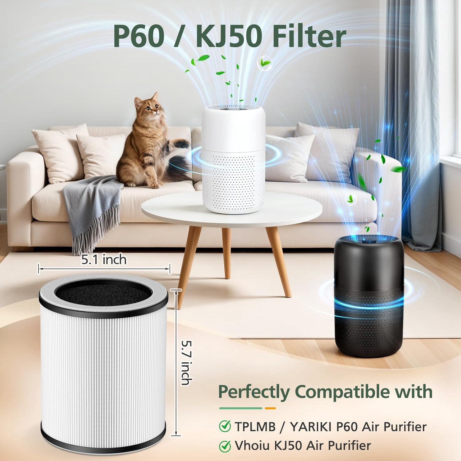 P60 Replacement Filters for YARIKI/TPLMB P60 Air Purifier, for Vhoiu KJ50 Air Purifier, 3 Layer Filtration with Nylon Pre-Filter, HEPA Filter & Carbon Filter, 4 Pack