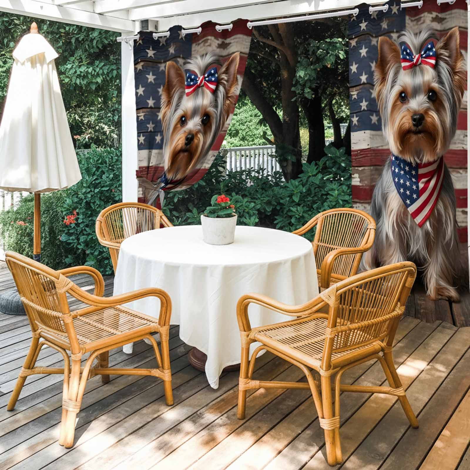 Patriotic Yorkshire Terrier Outdoor Curtains for Patio, Independence Day Retro American Flag Sunshade Privacy Drapes Grommet Waterproof Outside Curtains for Porch/Cabana/Balcony 54"x 108", 1 Panel