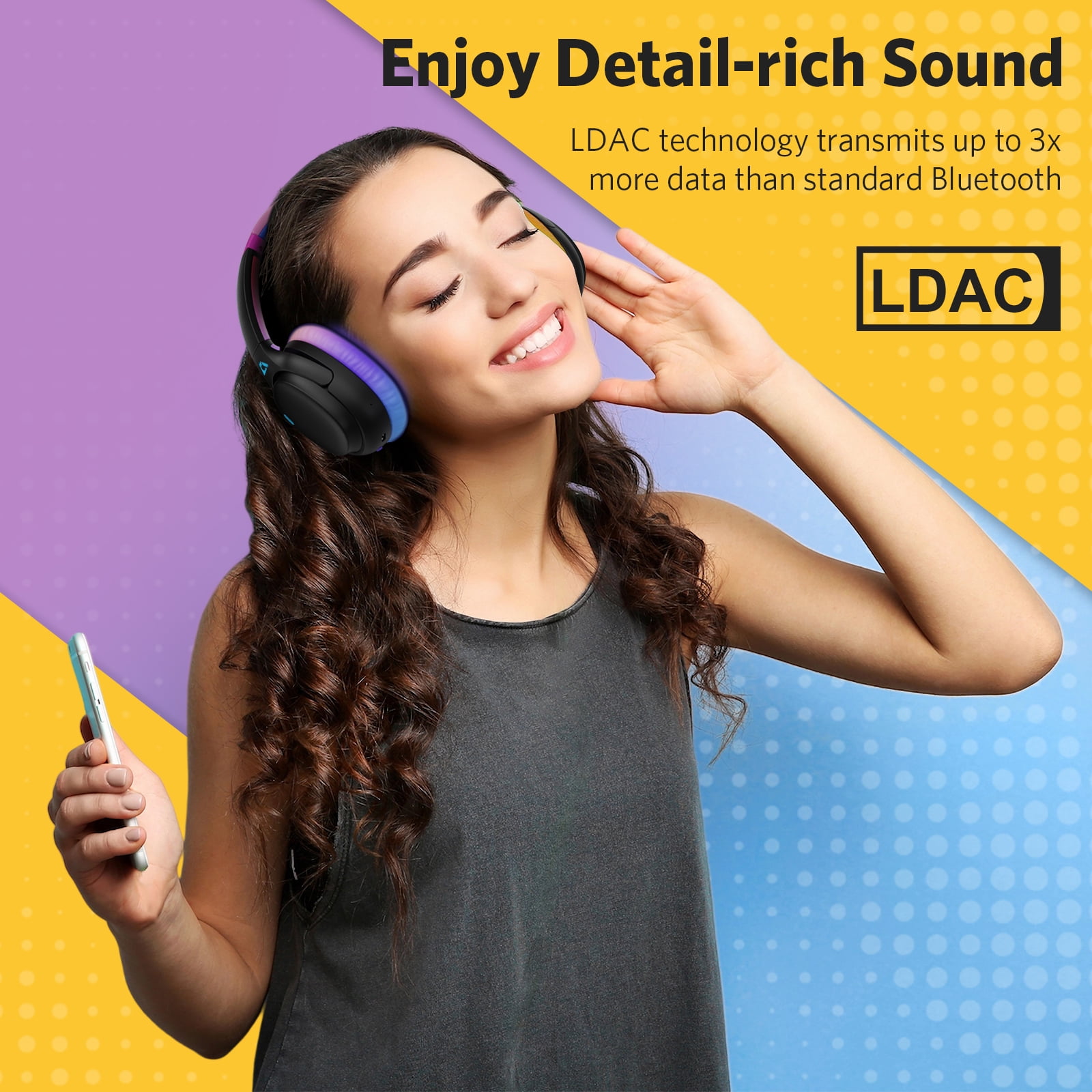 Ankbit E700 Noise Cancelling Headphones with LDAC, Wireless Bluetooth 5.1 Over Ear Headphones with Microphone, 60H Playtime, Colorful