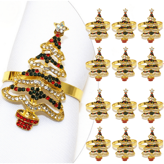 Gold Christmas Napkin Rings with Bling Set of 12, Christmas Xmas Tree Napkin Holders for Thanksgiving Table Decorations, Christmas Banquet, Daily Receptions