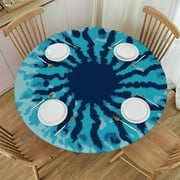 Awypu Retro Blue Tie Dye Round Tablecloth with Elastic Edged Fitted Table Cloths Cover Mat Washable Polyester Spill Proof Table Covers for Indoor outdoor Dinning Patio Table White
