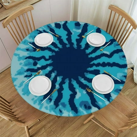 Awypu Retro Blue Tie Dye Round Tablecloth with Elastic Edged Fitted Table Cloths Cover Mat Washable Polyester Spill Proof Table Covers for Indoor outdoor Dinning Patio Table White
