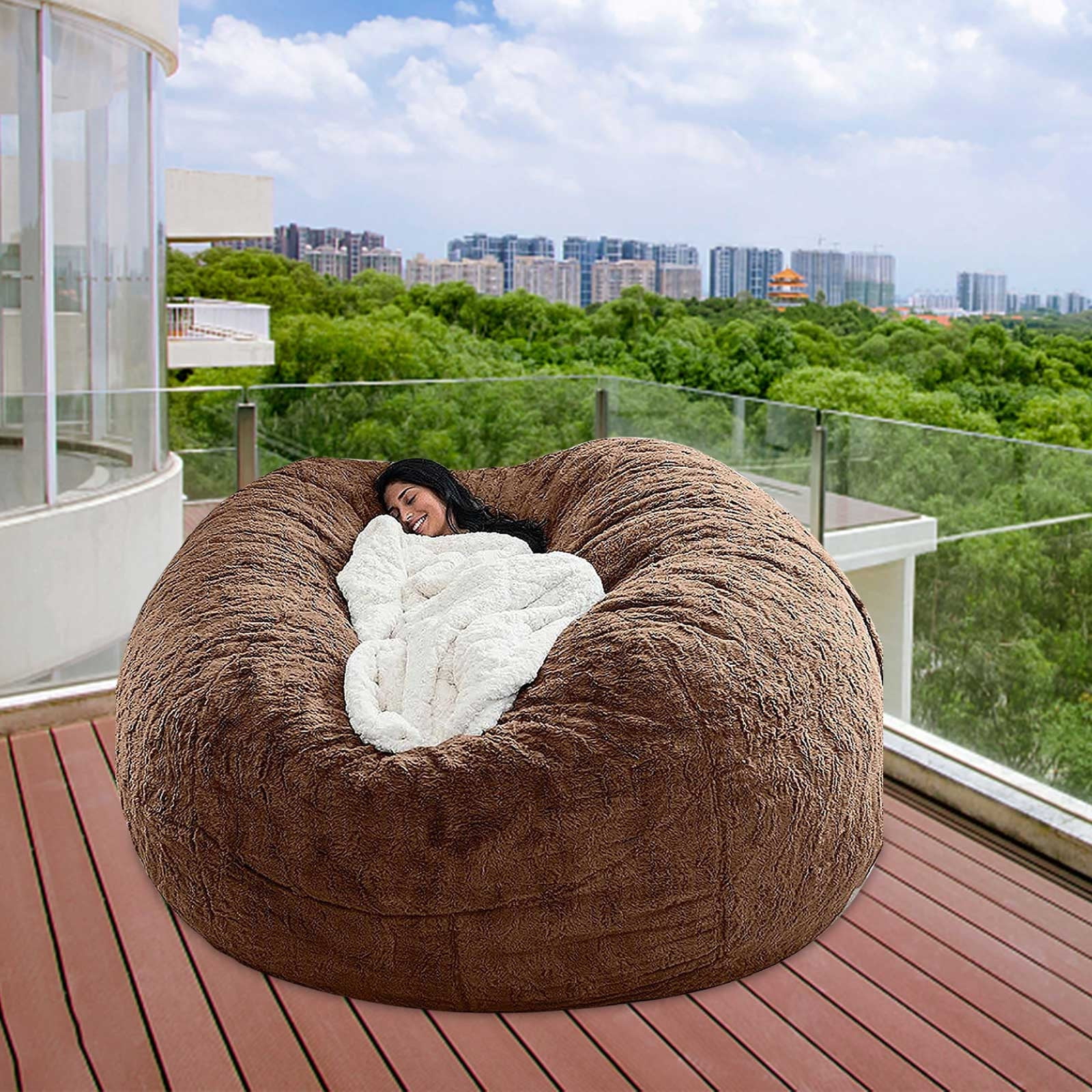 DAMAI Round Giant Bean Bag Chair Cover for Adults, Big Round Soft Fluffy Faux Fur Bean Bag Lazy Sofa Bed Cover, (No Filler) Living Room Furniture Round Fluffy Faux Fur Beanbag Lazy Sofa Bed Cover