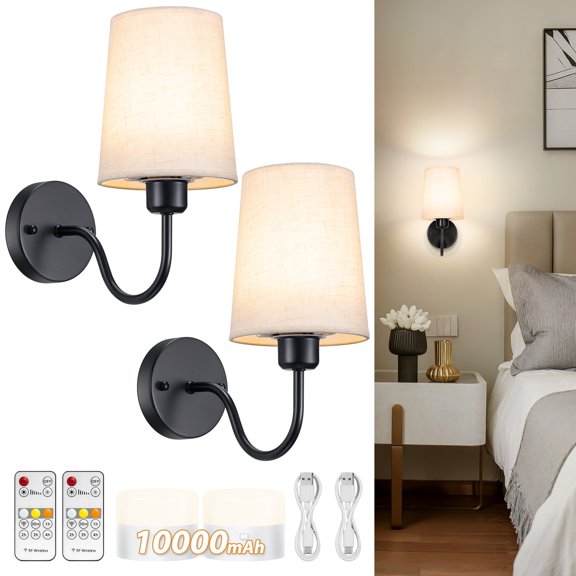 Battery Operated Wall Sconce Set of 2, 10000mAh Rechargeable Wall Sconces Battery Operated Light Dimmable Battery Powered Wall Lights with Black Gooseneck for Bedroom, Living Room, Home Decor
