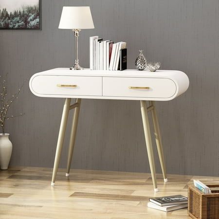 Noble House Kirill Modern Faux Wood Vanity Table, White and Champagne Gold