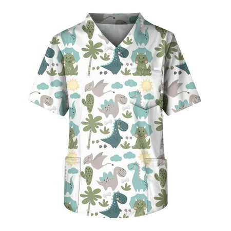 

Mlqidk Plus Size Scrub Tops for Men Working Dinosaur Printed Uniform Tops with 3 Pockets V-Neck Short Sleeve Printed Tunic Uniform Shirts Green XXXXXL