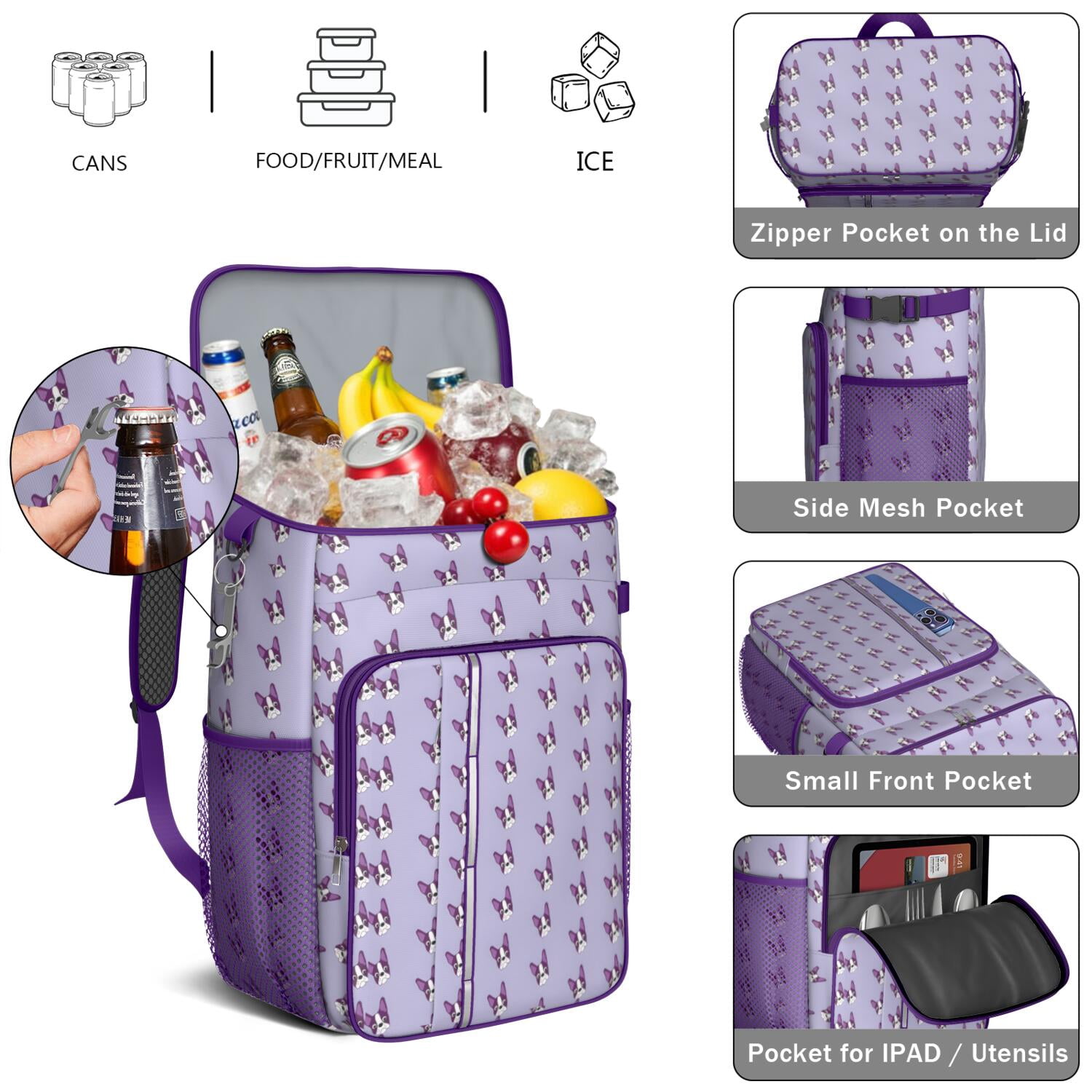 Travel Cooler Bag - Purple Boston Terrier Puppy Camping Beer Cooler Backpack with Bottle Opener- Waterproof Insulated Picnic Backpacks - Cooler Bag for Beach
