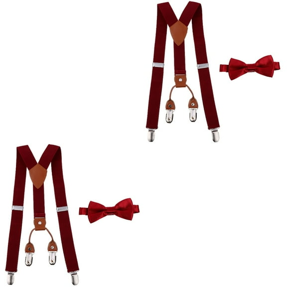 2 Sets  Kids Suspenders Bow Tie Set Adjustable Elastic Y Back with Clips