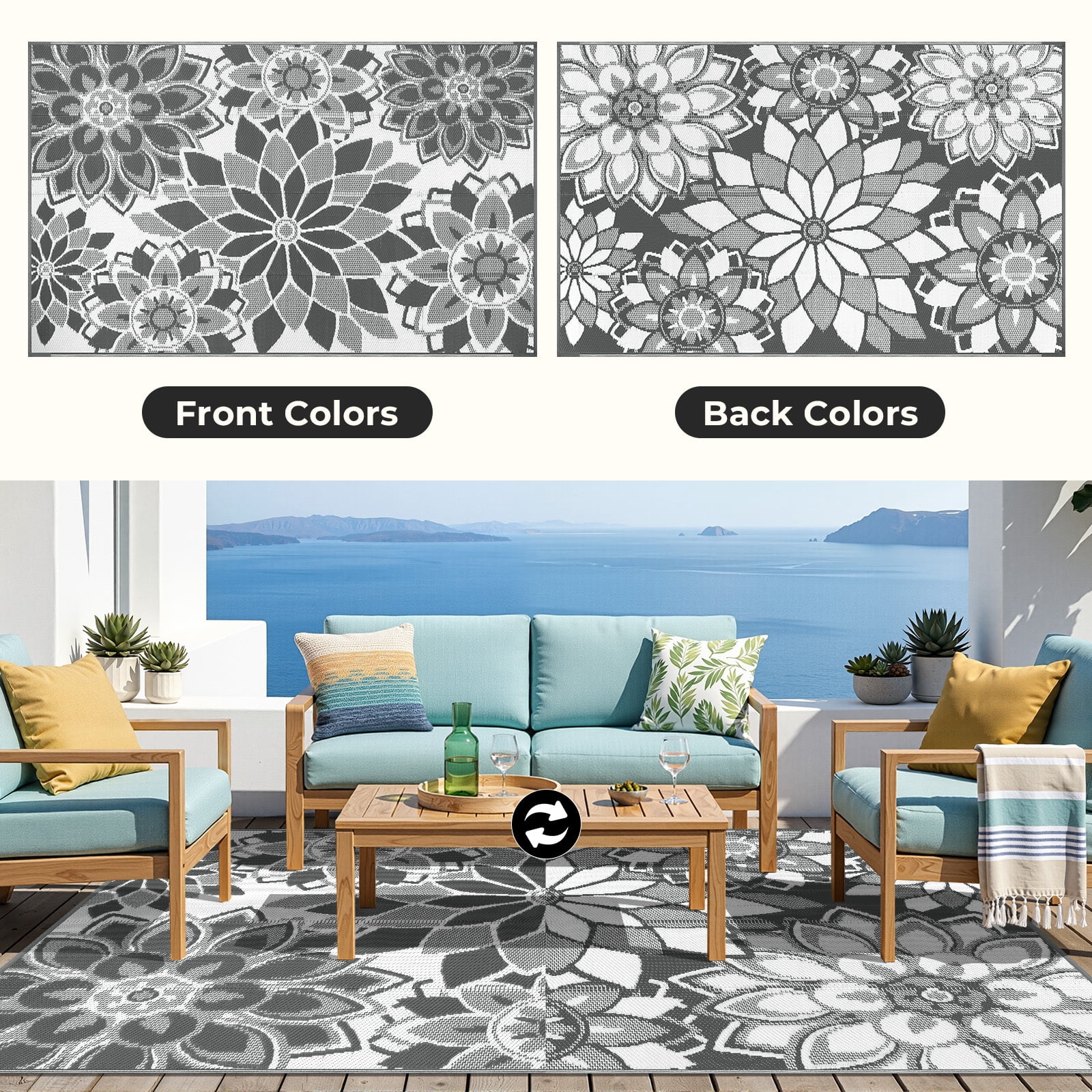 Findosom Outdoor Rug 5'x8' Reversible Waterproof Outdoor Patio Rug Mat Plastic Straw Rug Outdoor Area Rug Patio Camping Rug for RV Picnic Balcony Backyard Beach Outdoor Decor,Gray