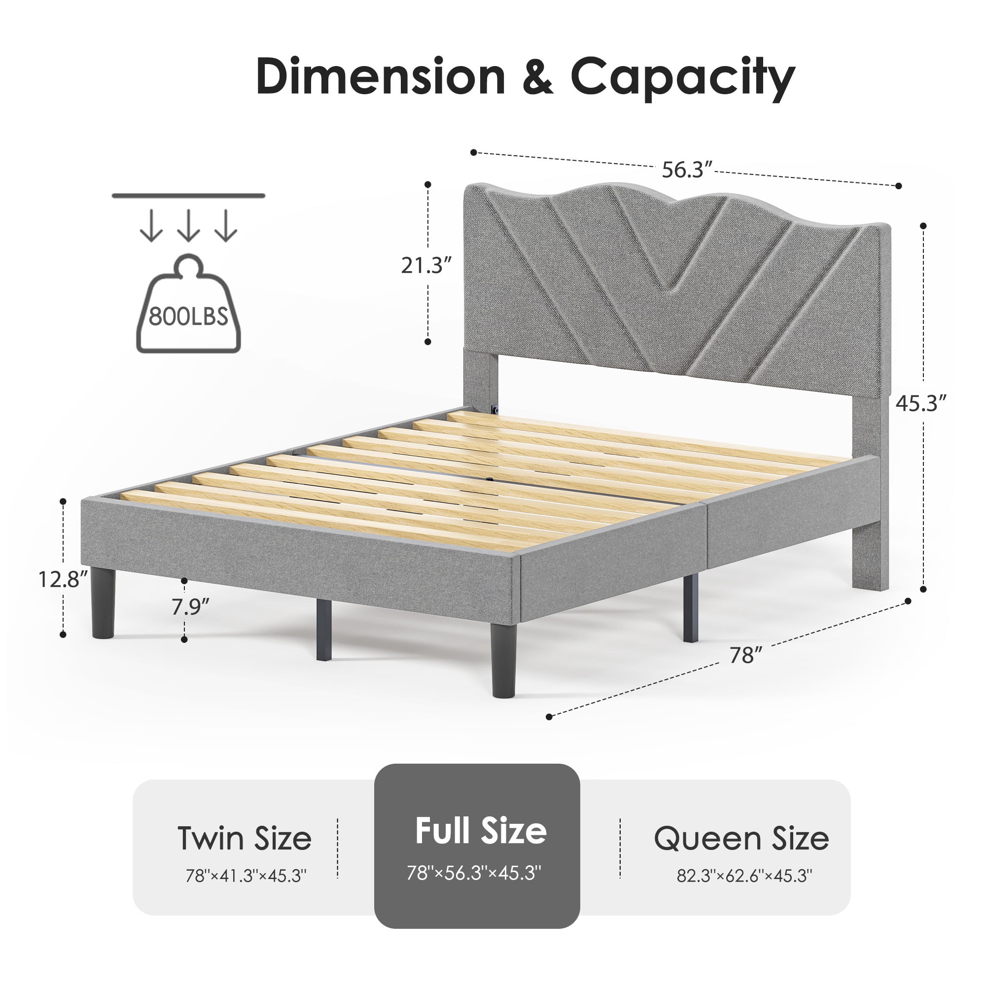 Full Size Bed Frame, Upholstered Platform Bed with Fabric Headboard, Non-Slip and Noise-Free/Wooden Slats Support/No Box Spring Needed/Easy Assembly, Gray