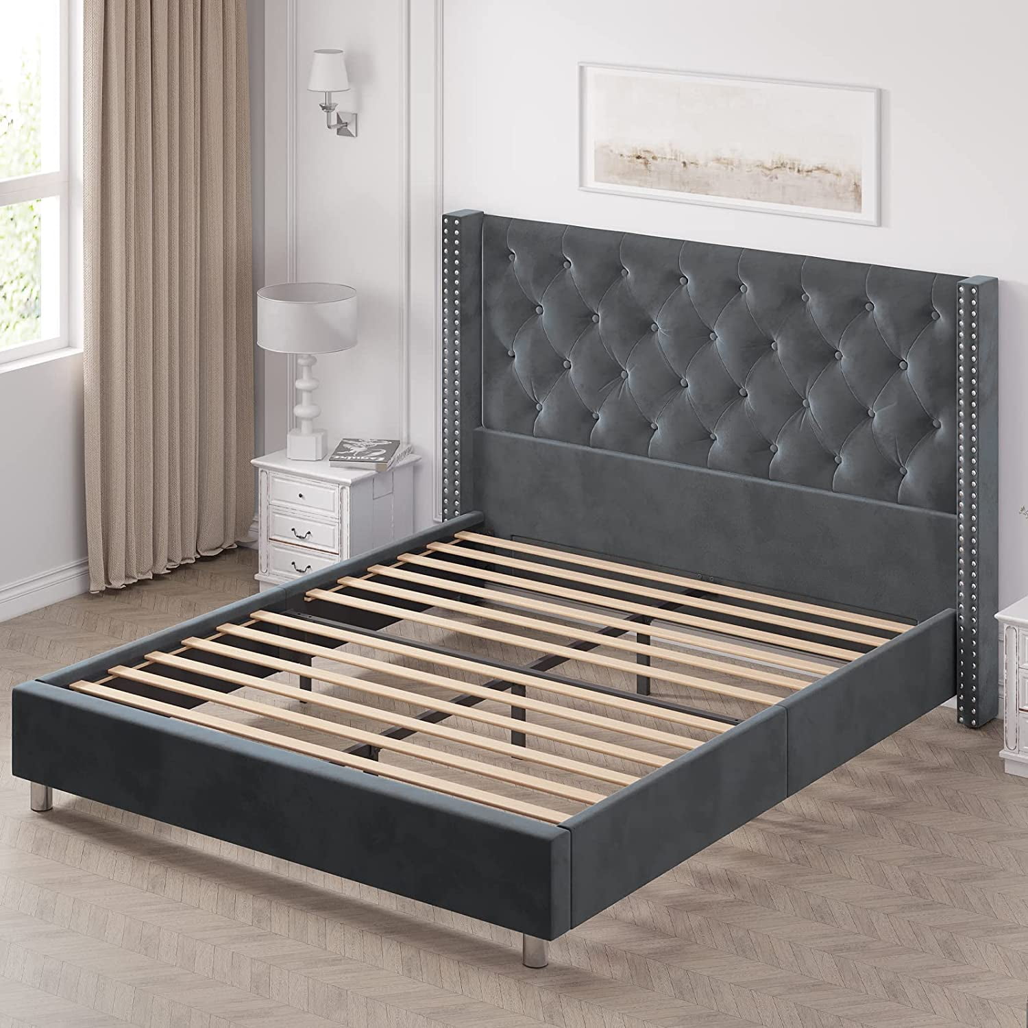 HOWE Queen Size Tufted Upholstered Platform Bed Frame with Raised