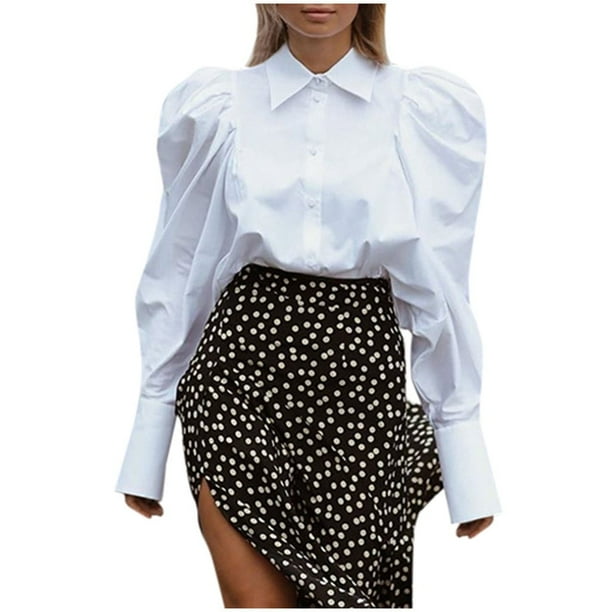 Blusas Prolriy para mujer, blusas elegantes informales con mangas abullonadas y cuello de oficina, blusas elegantes blancas para mujer, blusas de manga larga para mujer, blusas blancas para mujer L
