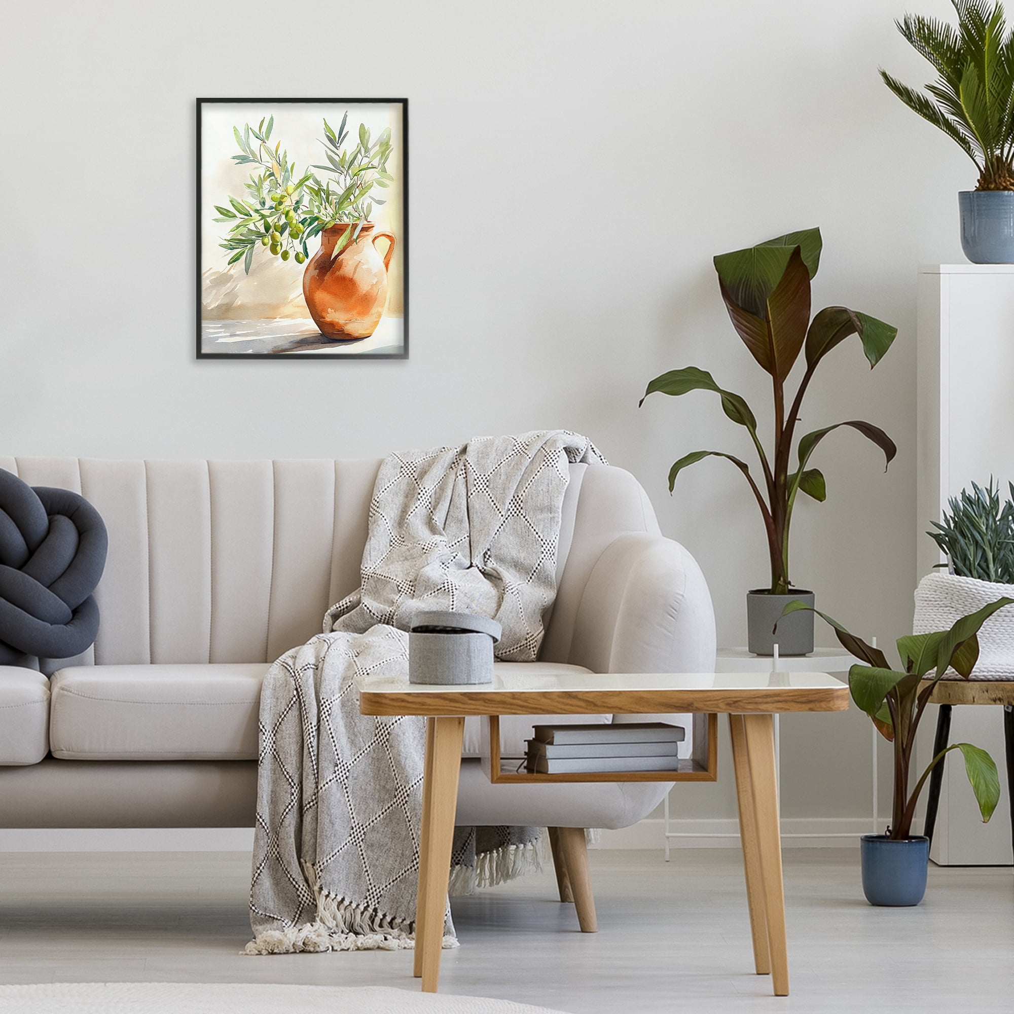 Stupell Industries Olive Branch in Terracotta Vase Black Framed Giclee Art, design by LSR Design Studio