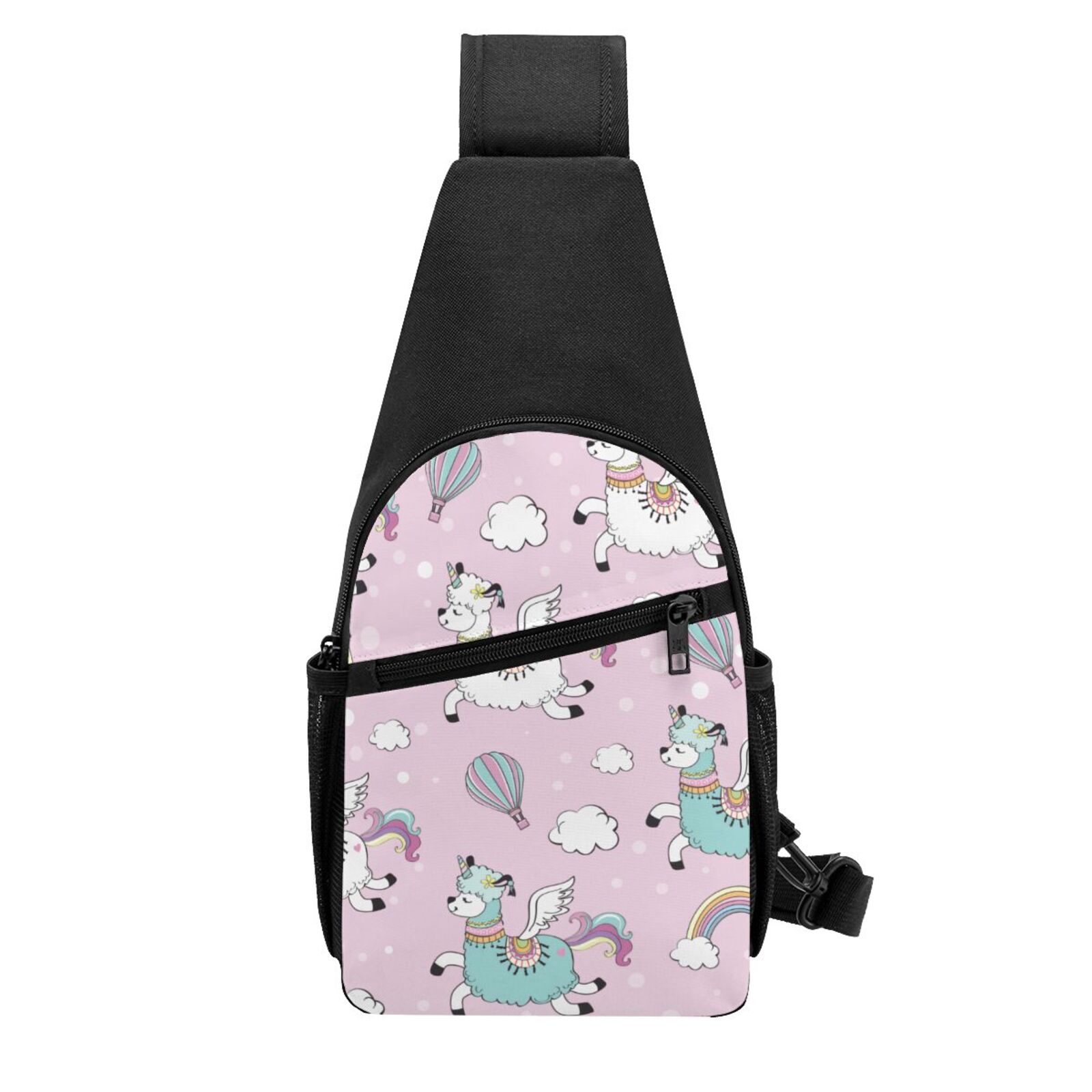 Xecao's Llama Unicorn and Rainbow Print Sling Bag: A Versatile Chest, Shoulder, and Crossbody Backpack for Casual Days Out, Perfect for Both Men and Women