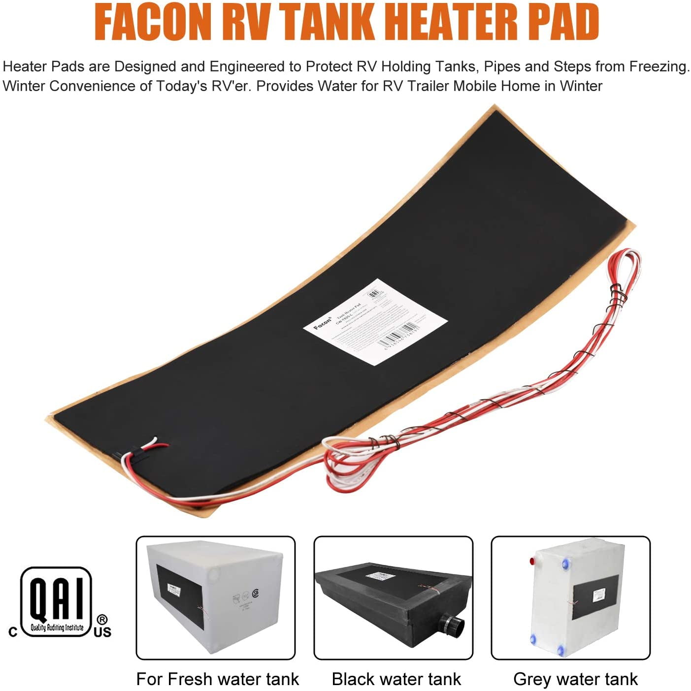 Facon 8.0"x25" RV Tank Heater Pad with Automatic Thermostat Control, Up to 50 Gallons Fresh Water / Grey Water / Black Water holding Tank Heating Pad, 120Volts AC