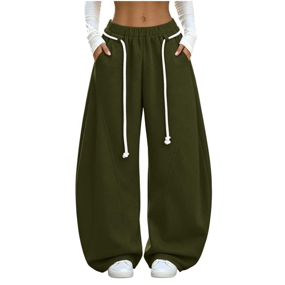 Vixolx Womens Wide Leg Sweatpants Decorative Drawstring Elastic Waist Baggy Barrel Pants with Pockets Casual Solid Color Trousers