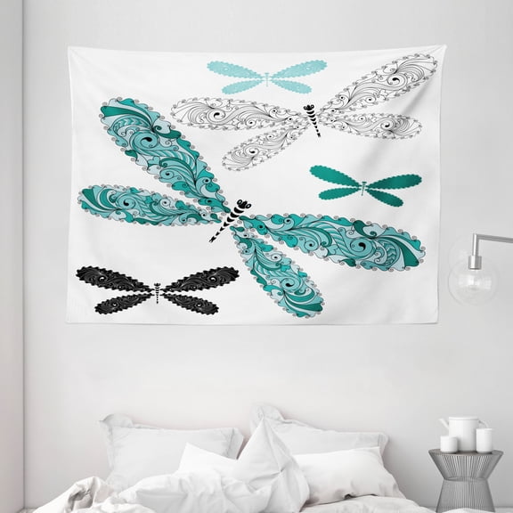 Dragonfly Tapestry, Ornamental Dragonfly Figures with Lace and Damask Effects Artsy Image, Wall Hanging for Bedroom Living Room Dorm Decor, 80W X 60L Inches, Teal Turquoise Black, by Ambesonne