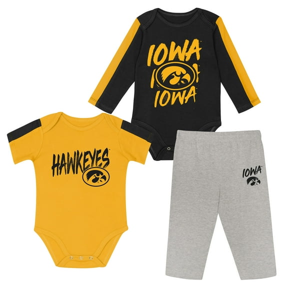 Infant Outerstuff Black/Gold Iowa Hawkeyes Double Down Bodysuit and Pants 3-Piece Set