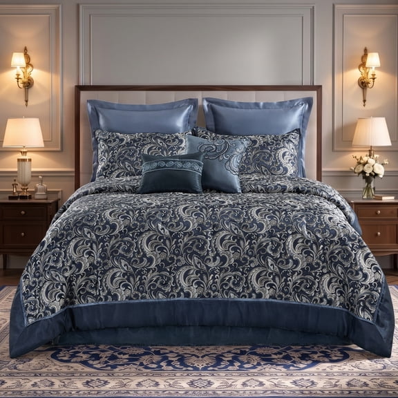 Regency Heights 8 Pieces Jacquard Comforter Set with Bedskirt and Decor Pillows, Queen, Navy