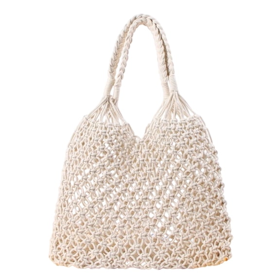 OCCOA Handmade Woven Beach Hollow Casual Handbag Large Capacity, Woven Tote Shoulder Bag for Summer Vacation, Boho Beach Accessory, White