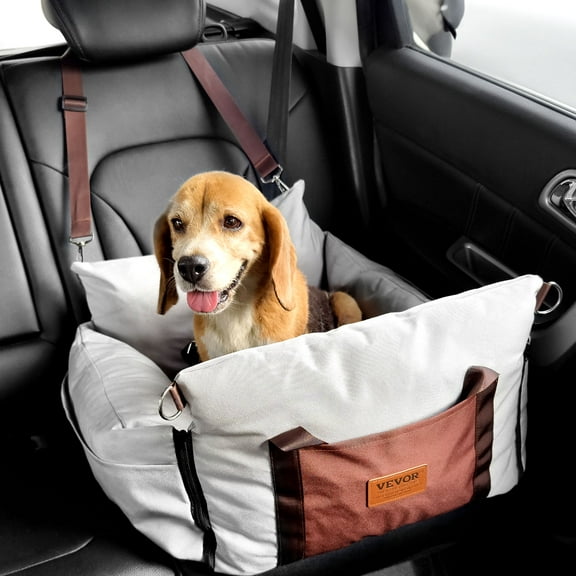 VEVOR Dog Car Seat, Waterproof Dog Booster Seat for Car with Side Handles and A Storage Pocket, Clip-On Safety Leash and PP Cotton Filling, Dog Car Bed for Small Dog up to 25lbs, Gray