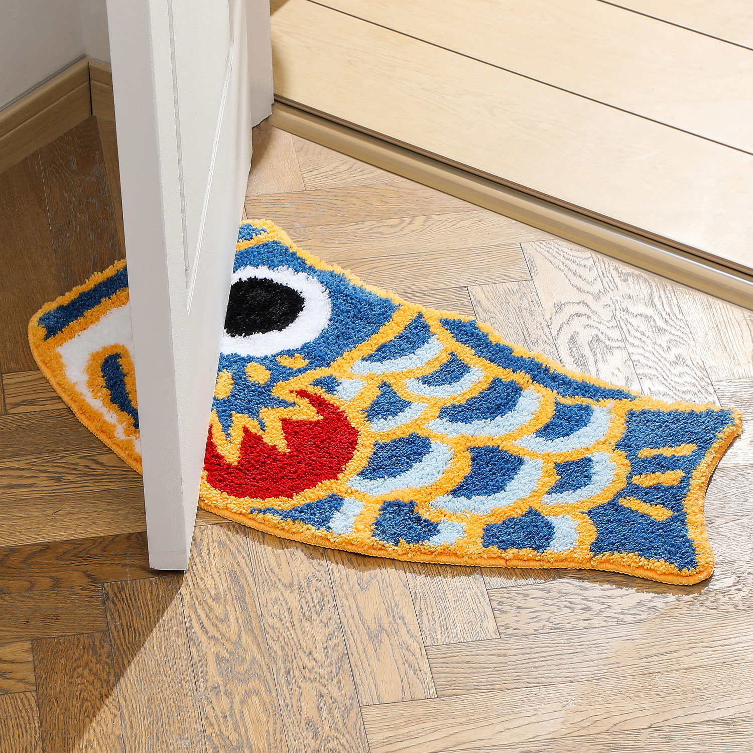 Feblilac Cute Fish Bath Mat For Bathroom, Japanese Koi Flag Soft Water Absorbent, Non-Slip, Machine Washable (Blue)