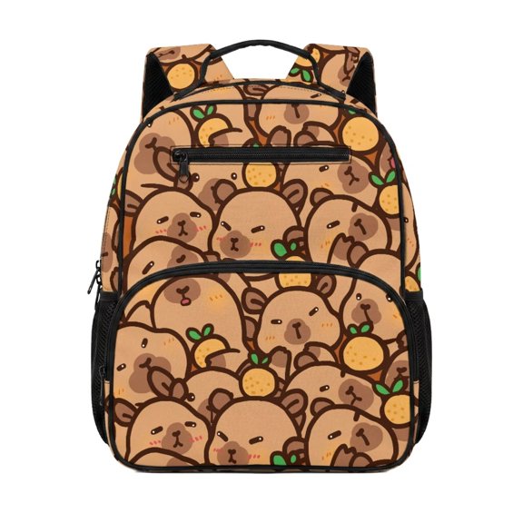 Jeiento Cute Capybara 13.5 Inch Preschool Backpack, Polyester Toddler Bookbag with Mesh Side Pockets, Adjustable Shoulder Straps School Bag for Boys Girls Kindergarten