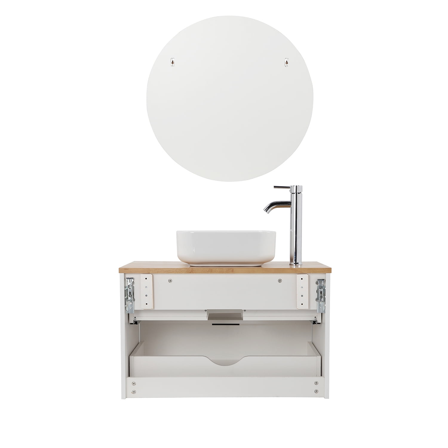 Demi Bonn 31" Double Drawer Wall-Mounted Bathroom Vanity with Solid Wood Natural Top, Square Art Ceramic Sink and Round Mirror, Faucets and Drains Not Included, White