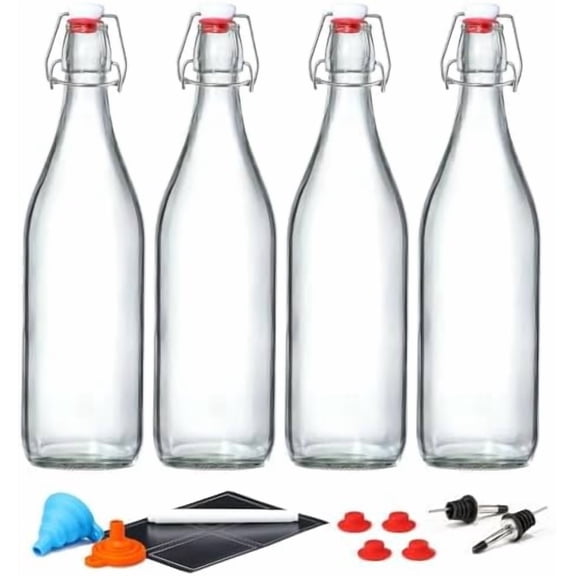 4 Pack [1 Liter / 33 fl. oz.] Swing Top Glass Bottles w/ Airtight Stopper Lids – Flip Top Brewing Bottle for Fermentation, Kombucha, Mead, Vinegar, Beer, Kefir, Wine – With 4 Extra Seals & 2 Pourers