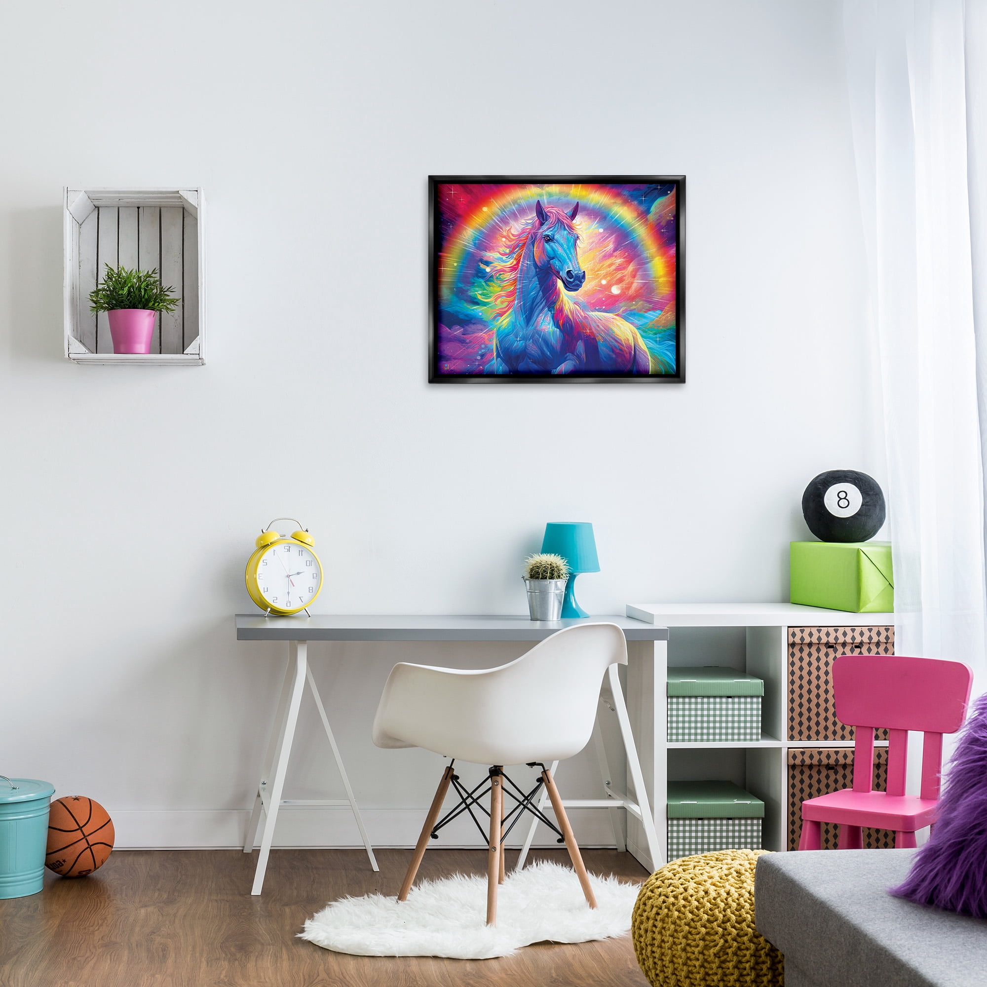 Stupell Industries Vivid Rainbow Horse Animals & Insects Painting Black Floater Framed Canvas Art Print Wall Art, 31 x 25