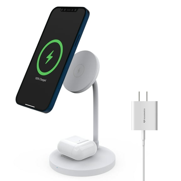 Techsmarter Magnetic 2-in-1 Wireless Charger Stand with 20W USB-C PD Wall Charger. Compatible with iPhone 12, 13, 14, 15 and AirPods with Wireless Charging case