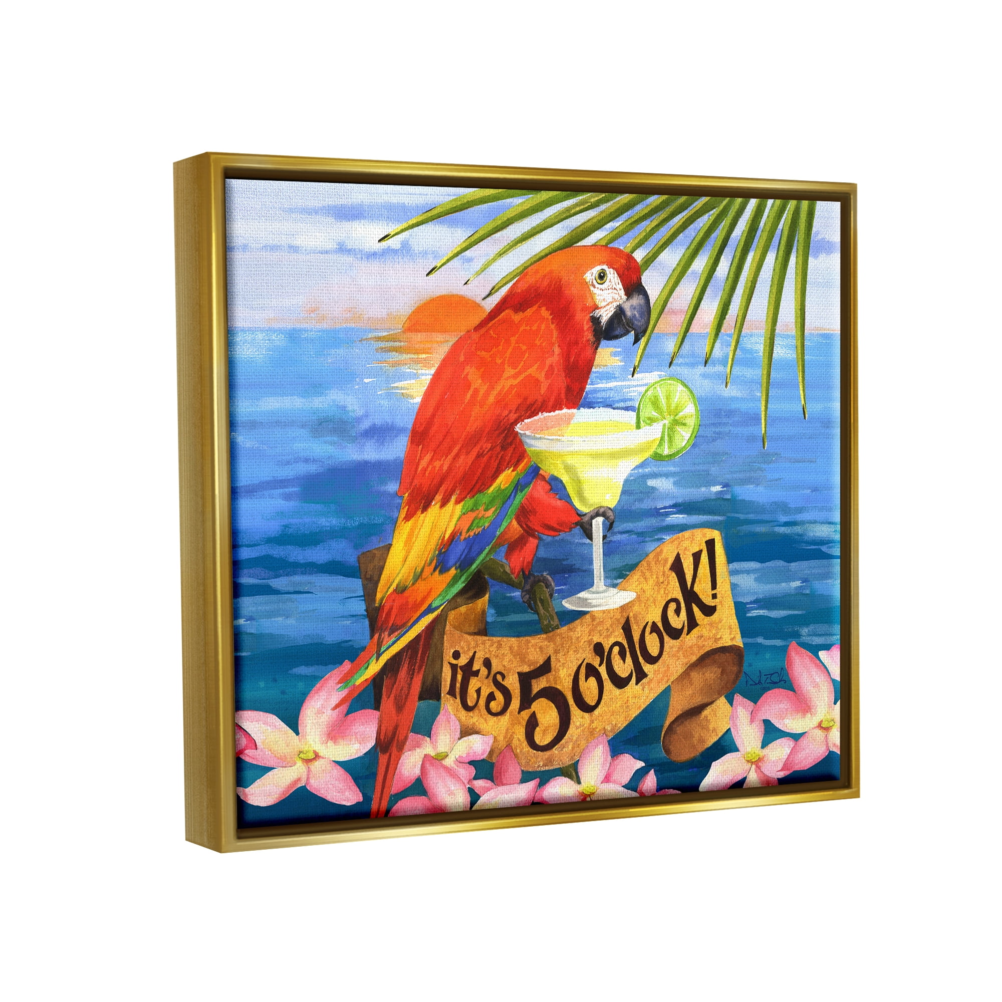 Stupell Industries Tropical Parrot with Cocktail Animals & Insects Painting Gold Floater Framed Art Print Wall Art, 21 x 17